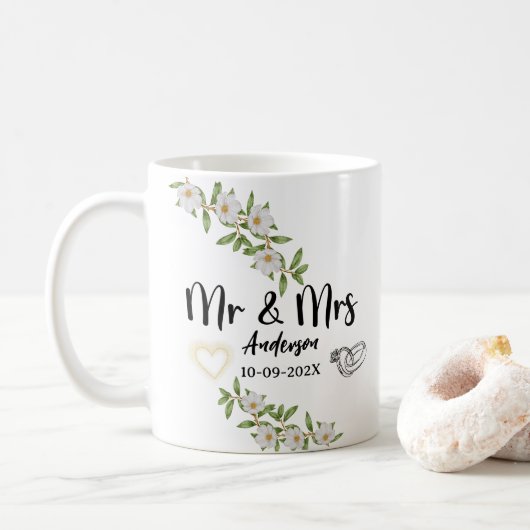 Moderne Mr. & Mr. White und Green Floral Wasserfar Kaffeetasse (Mit Donut)