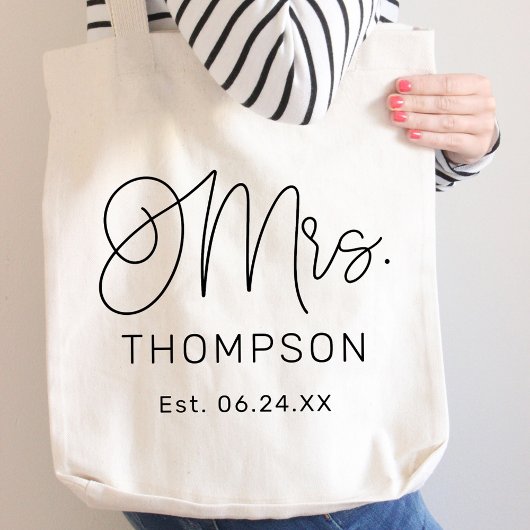 Moderne Mrs Kalligrafie-Monogramm Hochzeitsdatum Tragetasche