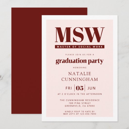 Moderne MSW Master of Social Work Abschlussfeier Einladung (Vorne/Hinten)