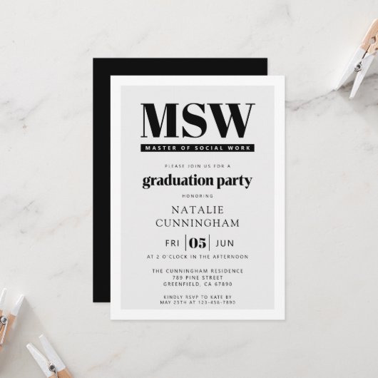 Moderne MSW Master of Social Work Abschlussfeier Einladung (Vorderseite/Rückseite Beispiel)