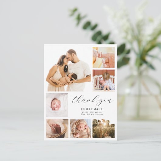 Moderne Multi 7 Foto Collage Geburtsankündigung Postkarte (Stehend Vorderseite)