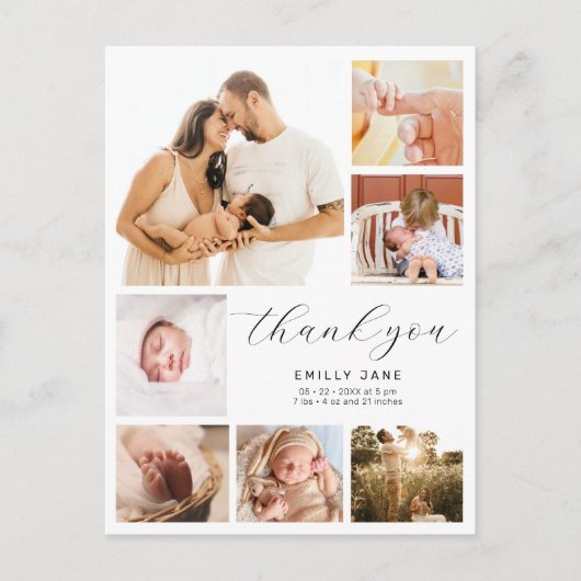 Moderne Multi 7 Foto Collage Geburtsankündigung Postkarte (Vorderseite)