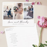 Moderne Multi Foto Collage Wedding Vielen Dank Postkarte<br><div class="desc">Dieses schlichte Drei-Foto-Collage Hochzeit dank Postcard-Vorlage verfügt über ein knackiges modernes Aussehen. Wir haben diesem minimalistischen Design eine herzliche Touch mit "Liebe und Dank" unter Ihren Lieblings-Fotos in einem entspannten, alles Kleinbuchstaben Schrift, die sich intim und vertraut. Dieses Element des Designs kann nicht geändert werden. Wenn Sie die Vornamen des...</div>