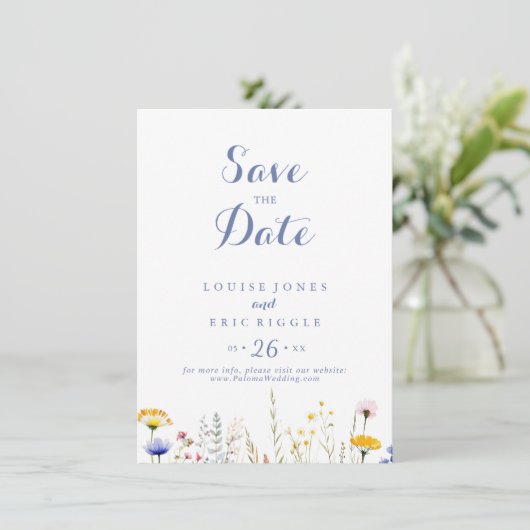 Moderne Multicolor-Wildblume Hochzeit Save The Date (Stehend Vorderseite)