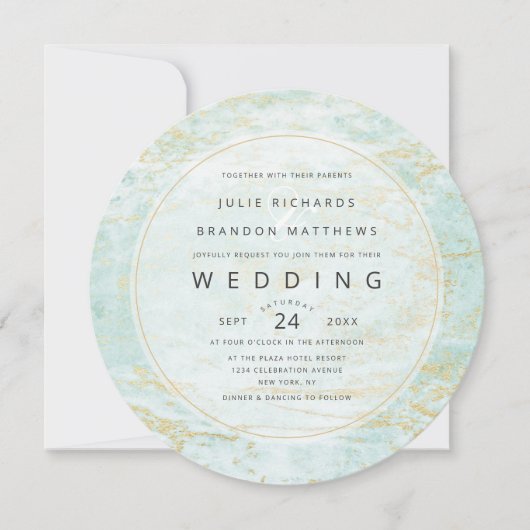 Moderne Murmeln im Ozean mit goldener Circle Weddi Einladung (Vorderseite)