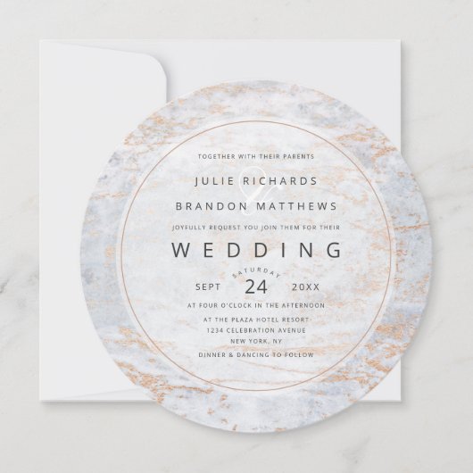Moderne Murmeln in dusty Blue Copper Circle Weddin Einladung (Vorderseite)
