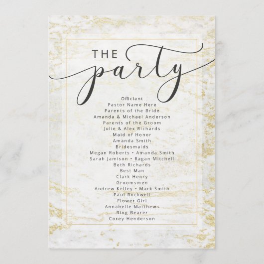 Moderne Murmeln in Weiß mit Goldene Hochzeit Programm (Rückseite)