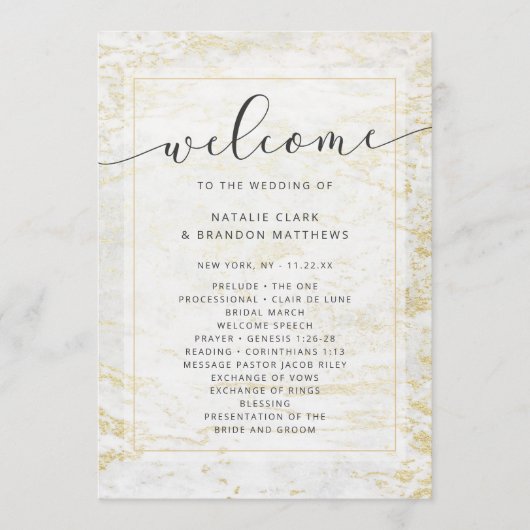 Moderne Murmeln in Weiß mit Goldene Hochzeit Programm (Vorderseite)