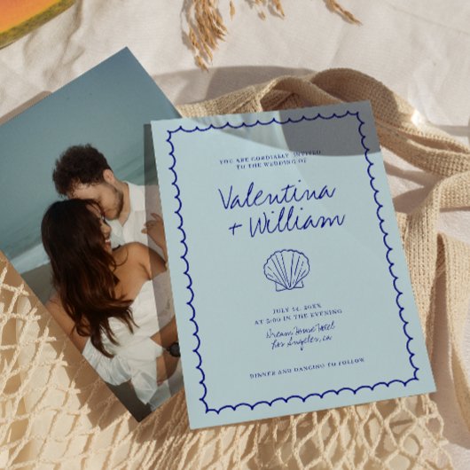 Moderne Muschel Blue Mediterrane Hochzeit Einladun Einladung