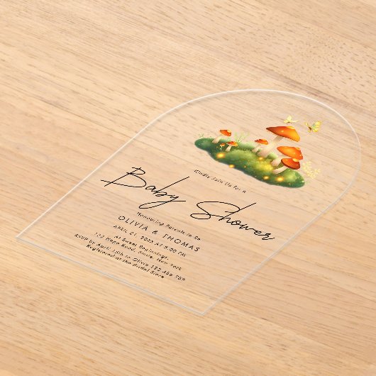 Moderne Mushroom Woodland Script Baby Dusche Acryleinladungen (Ablage )
