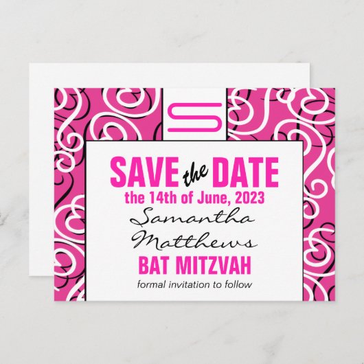 Moderne Muster Monogram Bat Mitzvah Save the Date Ankündigungspostkarte (Vorne/Hinten)