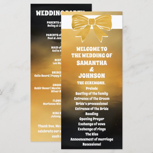 Moderne, mutige Black Gold Bow Wedding Program Car (Vorne/Hinten)