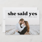 Moderne mutige schwarze Typografie sagte sie Yes F Save The Date (Vorderseite)