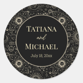 Moderne mystische Hochzeit aus schwarzem Gold Runder Aufkleber