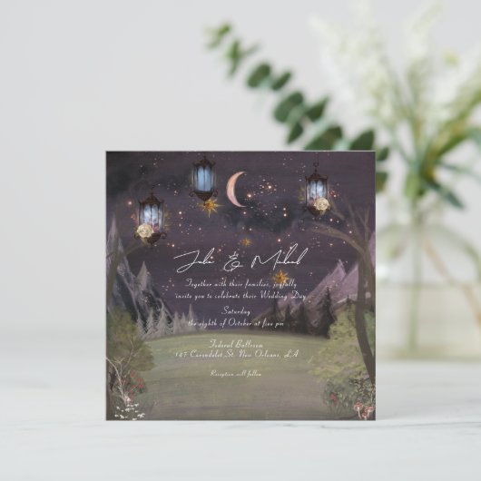 Moderne mystische magische Woodland-Nachthochzeit Einladung (Stehend Vorderseite)
