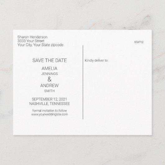 Moderne Namenshochzeit speichern das Datum Ankündigungspostkarte (Rückseite)
