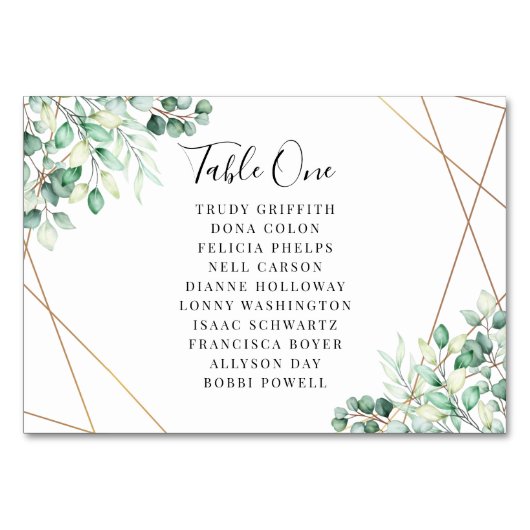 Moderne Names Greenery Eukalyptus Geometric Weddin Tischnummer (Vorderseite)