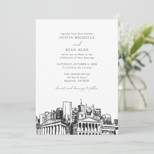 Moderne Nashville Skyline Black & White Wedding Einladung (Stehend Vorderseite)