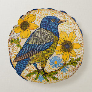 Moderne Natur Vogel mit gemustertem floralem Stil  Rundes Kissen