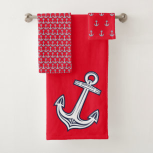 Moderne Nautic Anchor Bad Ocean Red Navy Badhandtuch Set