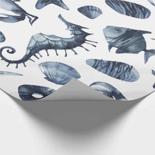 Moderne Nautic Blue Seestfish Seepferd Seashell Geschenkpapier (Ecke)