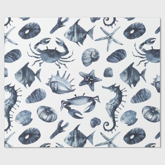 Moderne Nautic Blue Seestfish Seepferd Seashell Geschenkpapier (Flach)