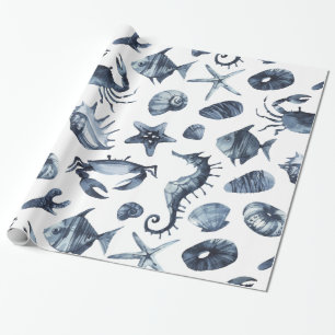 Moderne Nautic Blue Seestfish Seepferd Seashell Geschenkpapier