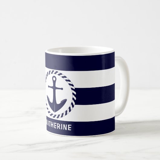Moderne Nautic Navy Blau Streifen und Anker Kaffeetasse (VorderseiteRechts)