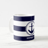 Moderne Nautic Navy Blau Streifen und Anker Kaffeetasse (Vorderseite Links)