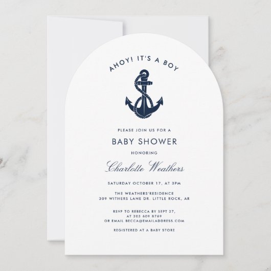 Moderne Nautical Anchor Boy Baby Dusche Einladung (Vorderseite)