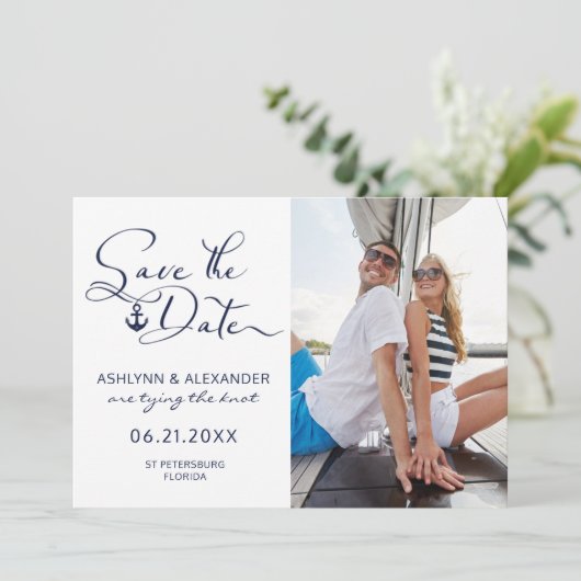 Moderne Nautical Anchor Foto Script Typografie Save The Date (Stehend Vorderseite)