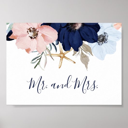 Moderne Nautik | Floral Mr. und Mrs. Wedding Sign Poster (Vorne)