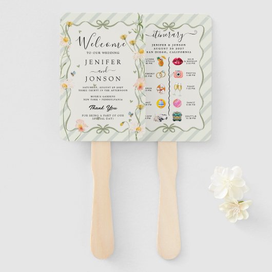 Moderne Nautik | Floral Wedding Program Hand Fan Fächer (Vorne und Hinten)