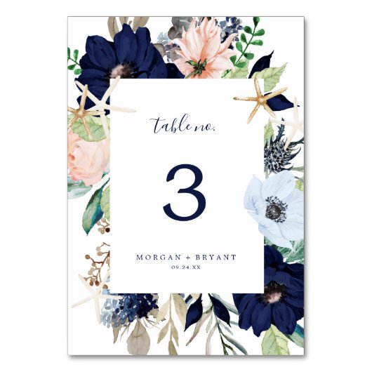 Moderne Nautik | Florale Tischnummer (Vorderseite)