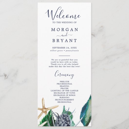 Moderne Nautik | Hochzeitsprogramm für Grünpflanze Programm (Vorderseite)