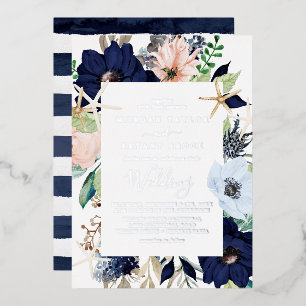 Moderne nautische Blumen Silberfolien-Hochzeit Folieneinladung