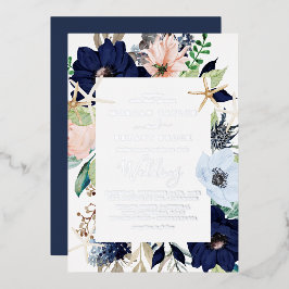 Moderne nautische Flora | Silver Foil Navy Hochzei Folieneinladung