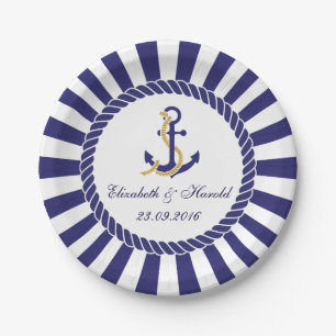 Moderne nautische Hochzeit Marineblau Weiße Streif Pappteller