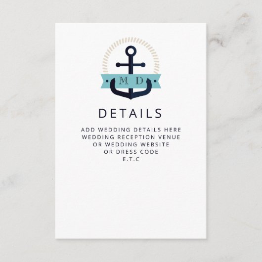 Moderne Navy Anchor Nautical Monogram Wedding Encl Begleitkarte (Vorderseite)