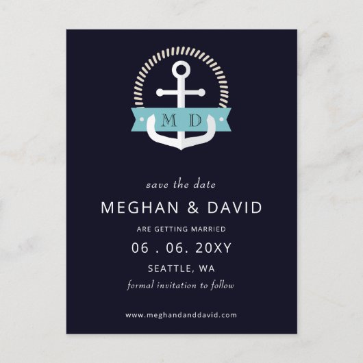 Moderne Navy Anchor Nautical Monogram Wedding Rett Ankündigungspostkarte (Vorderseite)