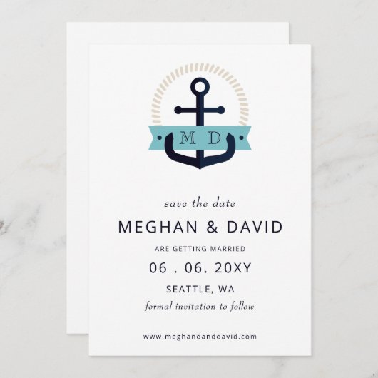 Moderne Navy Anchor Nautical Monogram Wedding Rett Save The Date (Vorne/Hinten)