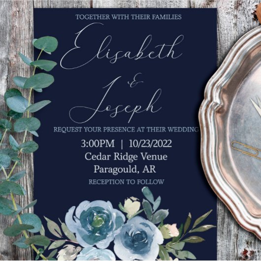 Moderne Navy & Baby Blue Floral Classic Hochzeit Einladung