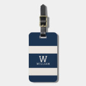 Moderne Navy-Beige-Küstenstreifen-Monogramm-Name Gepäckanhänger (Vorderseite vertikal)