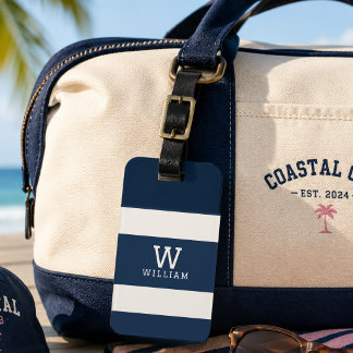 Moderne Navy-Beige-Küstenstreifen-Monogramm-Name Gepäckanhänger