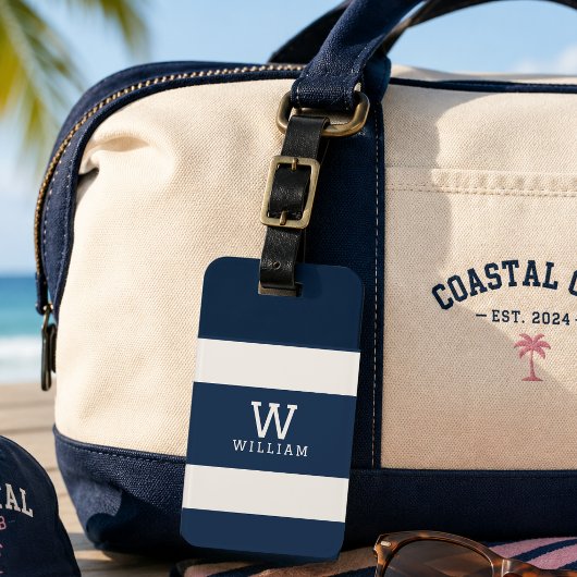 Moderne Navy-Beige-Küstenstreifen-Monogramm-Name Gepäckanhänger