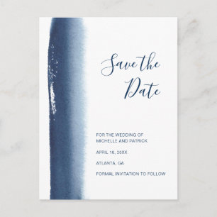 Moderne Navy-Blau-Aquarell-Hochzeit 'Save the Date Ankündigungspostkarte