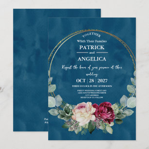 Moderne Navy Blau Burgund Gold Röte Pink Hochzeit Einladung