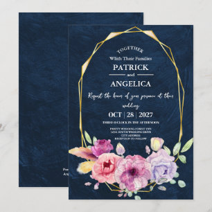 Moderne Navy Blau Burgund Gold Röte Pink Hochzeit Einladung