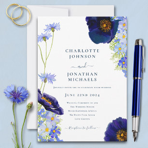 Moderne Navy Blau Elegante Wildblumen-Hochzeit Einladung