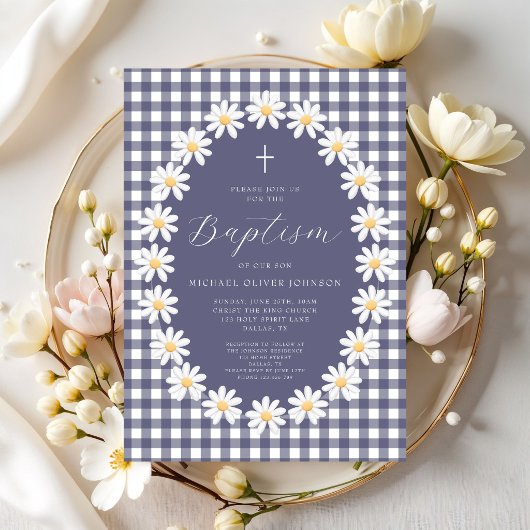 Moderne Navy Blau Gingham Blumen Taufkleid Einladung